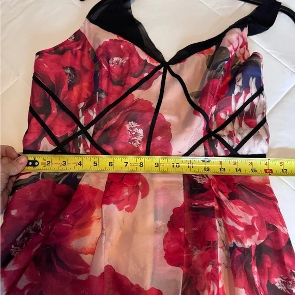 White House Black Market Red Floral Organza Dress Peach Satin Black Accents 10 - Picture 15 of 16